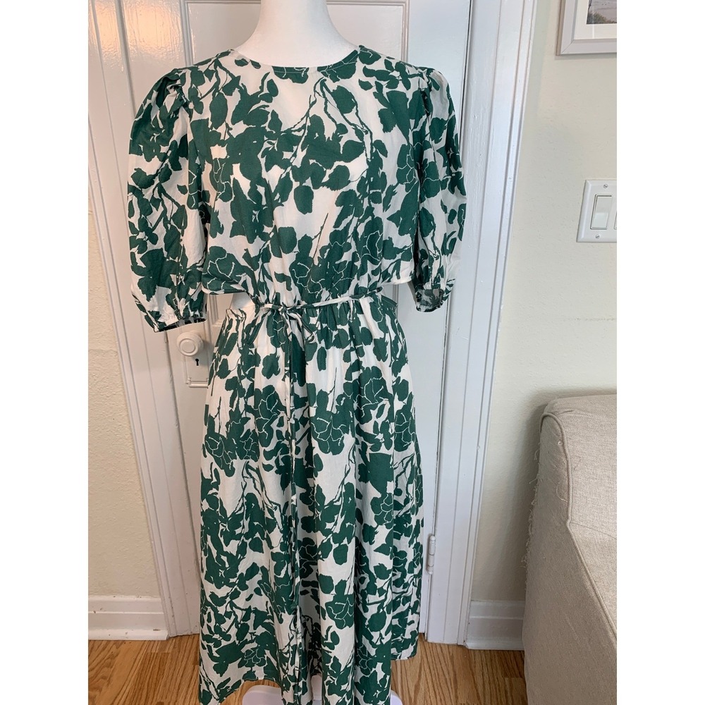 Green White Floral Garden Midi Wrap Dress Puff Sleeves Shea McGee Inspired SZ XL - Picture 6 of 16